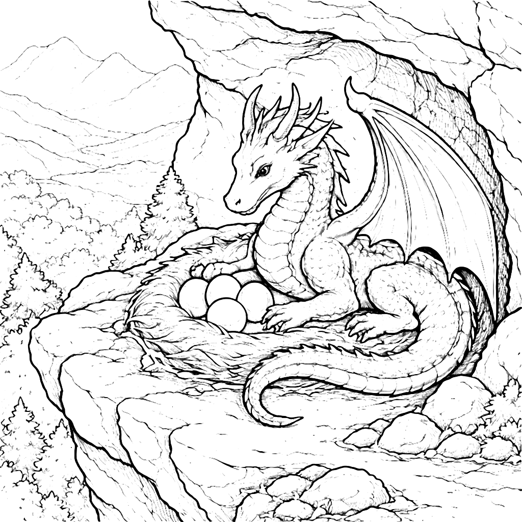 Majestic Dragon Nesting in a Rocky Alcove Coloring Page