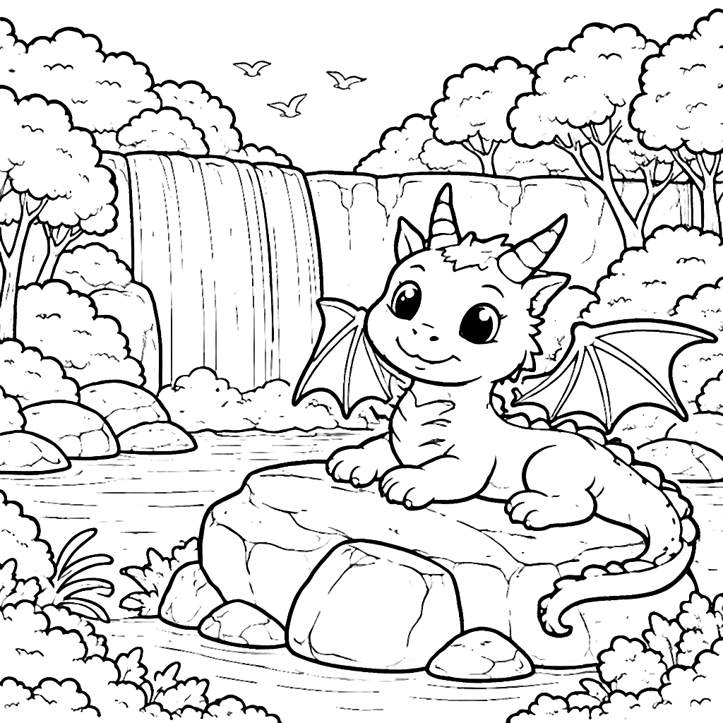 Majestic Dragon Sunning by a Waterfall Coloring Page