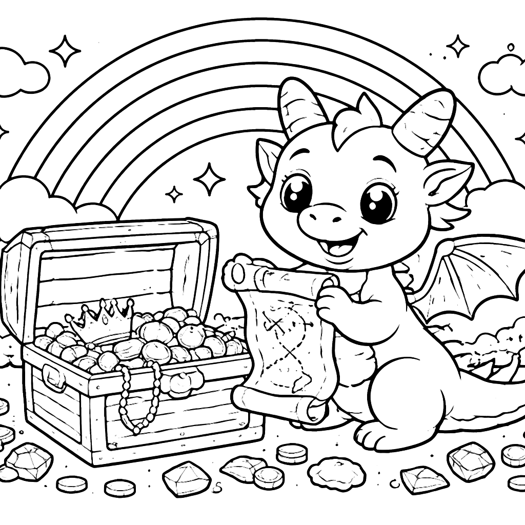 Magical Dragon Discovering Treasure Under a Rainbow
