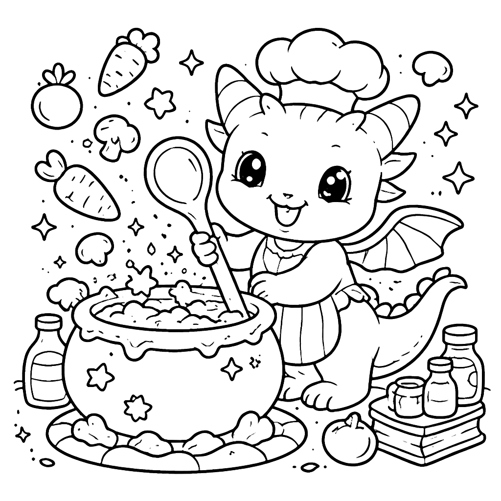 Color the Enchanting Dragon Chef in a Whimsical Kitchen