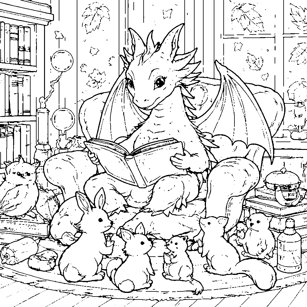 Dragon Librarian Coloring Page for Kids