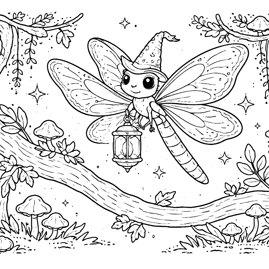 Enchanting Dragonfly Coloring Page in a Magical Forest