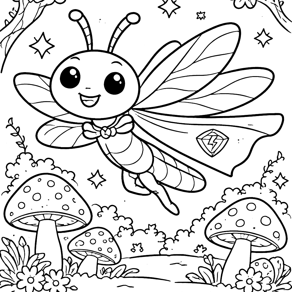 Dragonfly Coloring Page: Superhero in Enchanted Forest