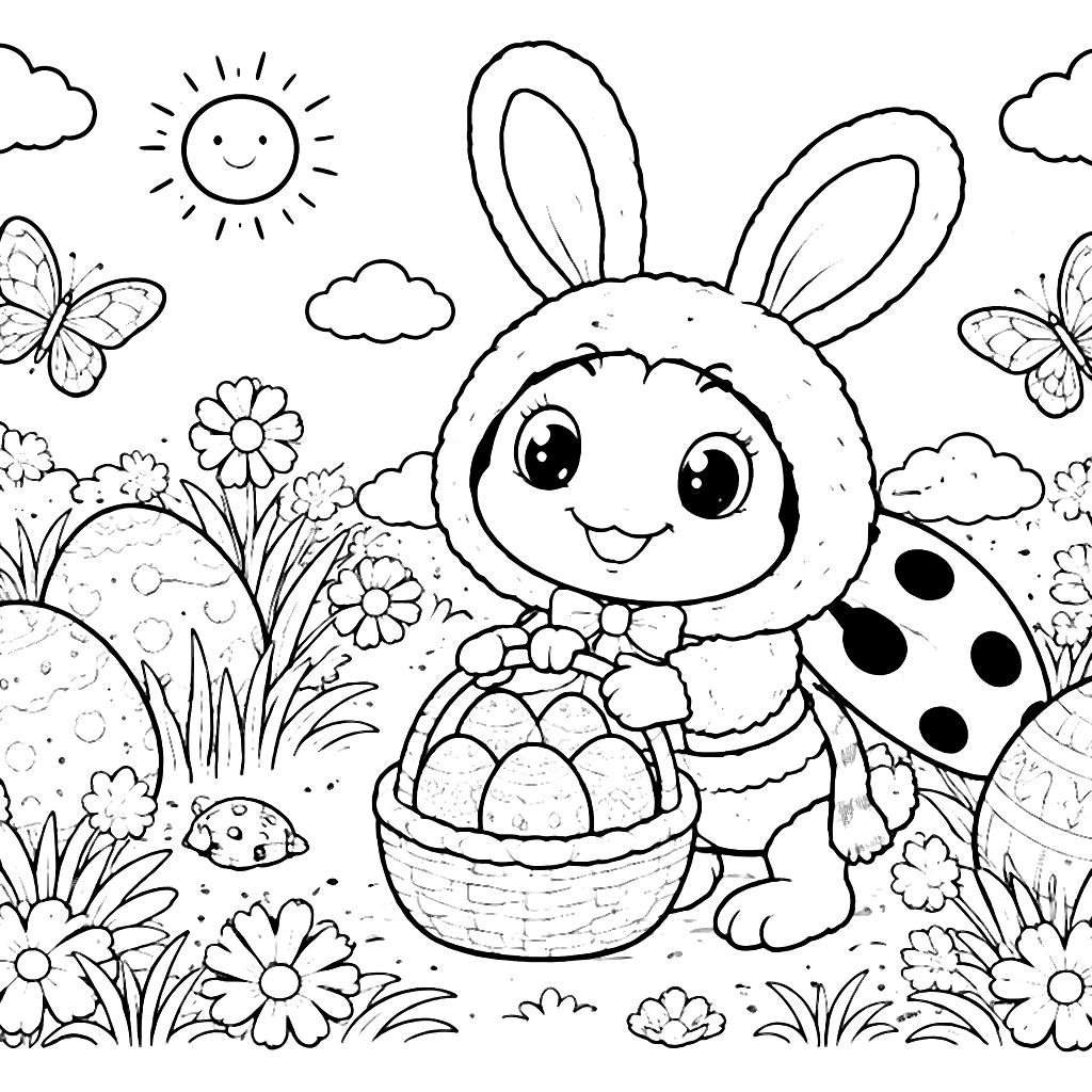 Easter Coloring Page with a Ladybug in Bunny Costume