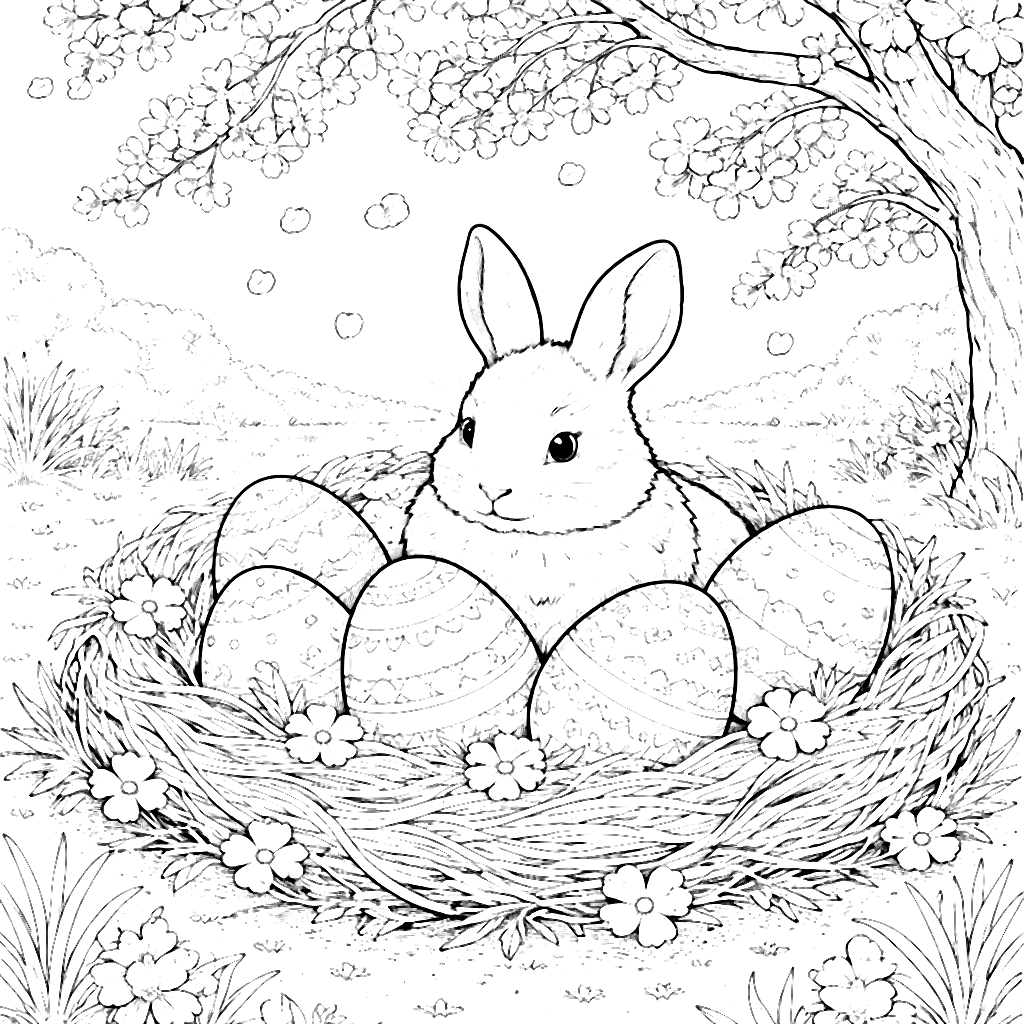 Coloring Page: Easter Nesting Under Cherry Blossoms