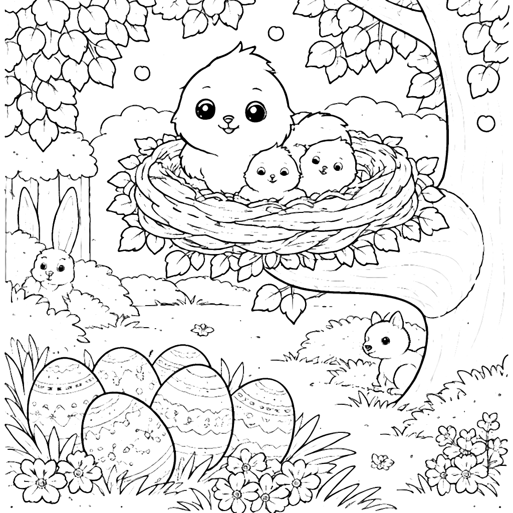 Easter Coloring Page: Nesting in a Sunlit Forest