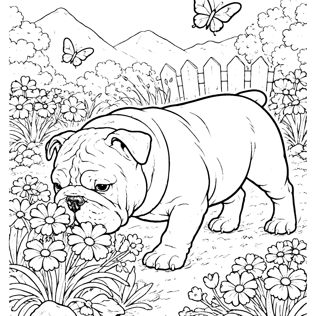 Charming English Bulldog in a Colorful Garden Scene