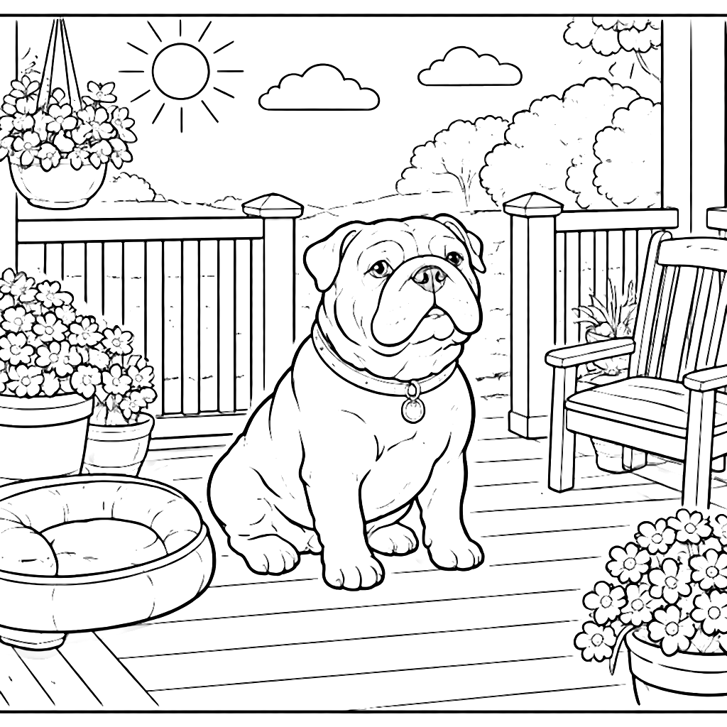 Relaxing English Bulldog on a Sunny Porch Coloring Page