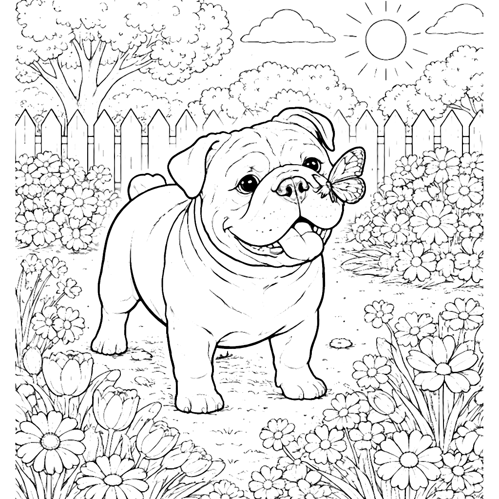English Bulldog with Butterfly in a Sunny Garden