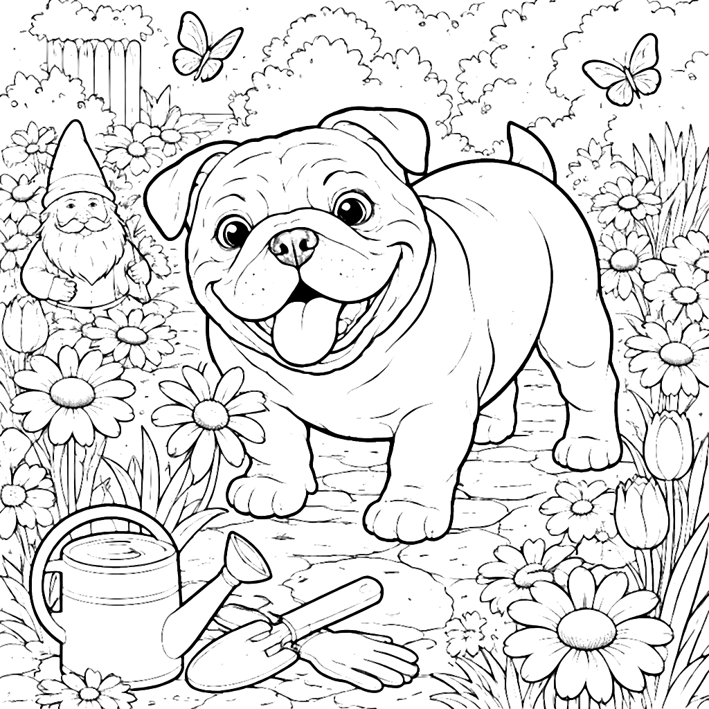 Charming English Bulldog Exploring a Colorful Garden