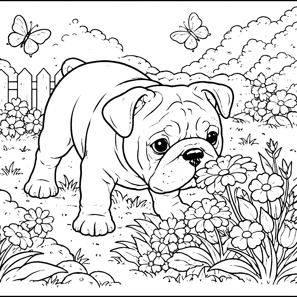 Explore the Garden with an English Bulldog Coloring Page
