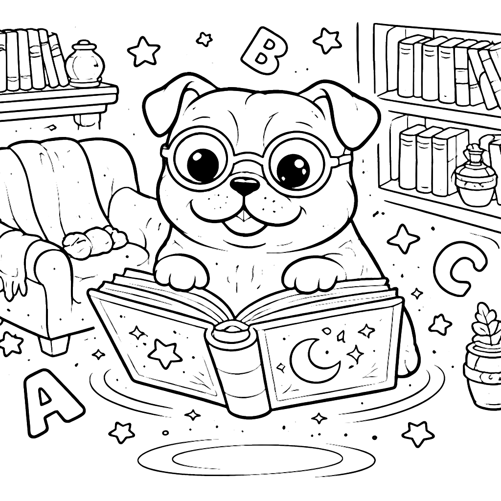 Enchanting English Bulldog in a Cozy Library Coloring Page