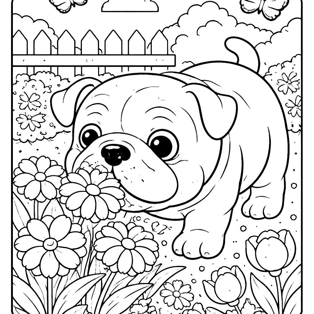 Charming English Bulldog Sniffing Flowers Coloring Page