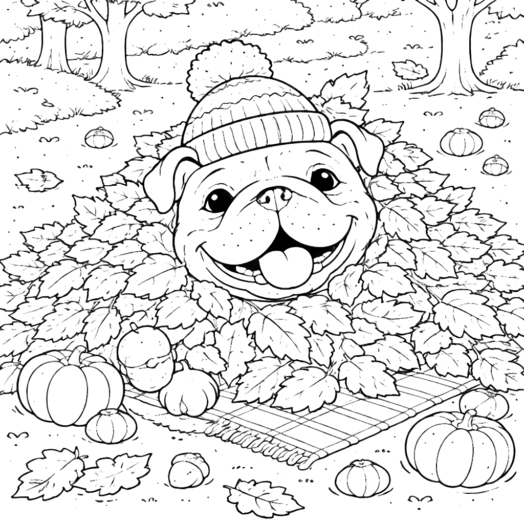 Delightful English Bulldog in Autumn Leaves Coloring Page