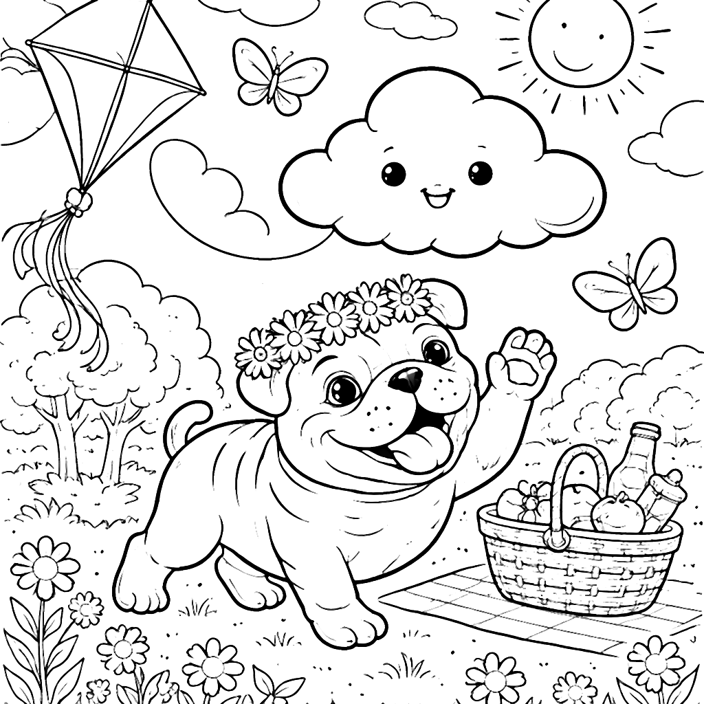 Fun English Bulldog Coloring Page with Friends