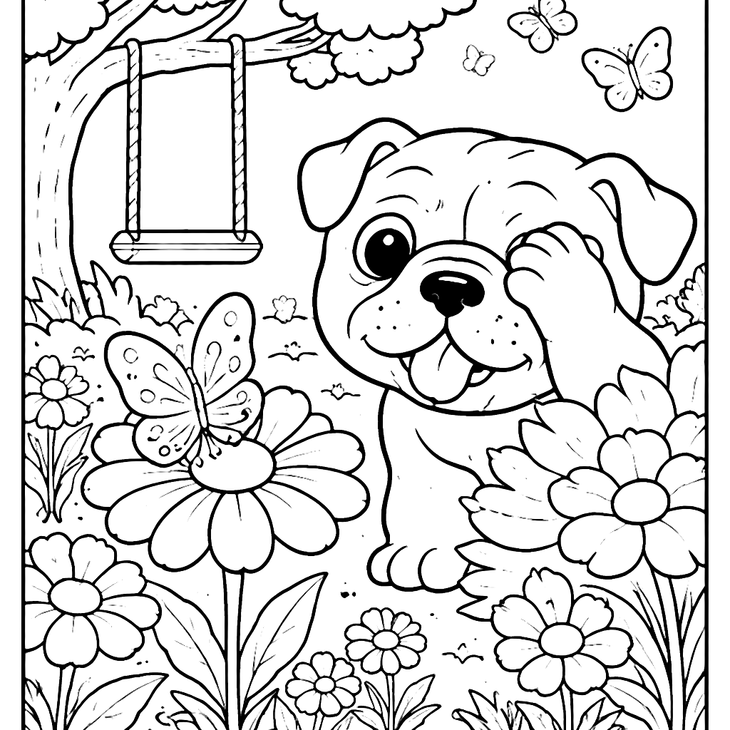 Coloring Page: English Bulldog Playing in a Flower Garden