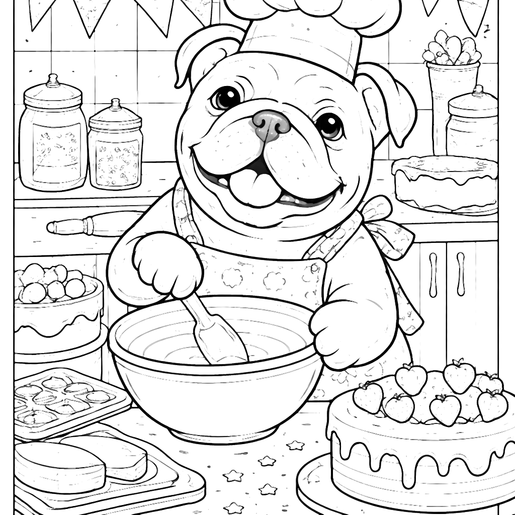 English Bulldog Baking a Cake in a Colorful Kitchen
