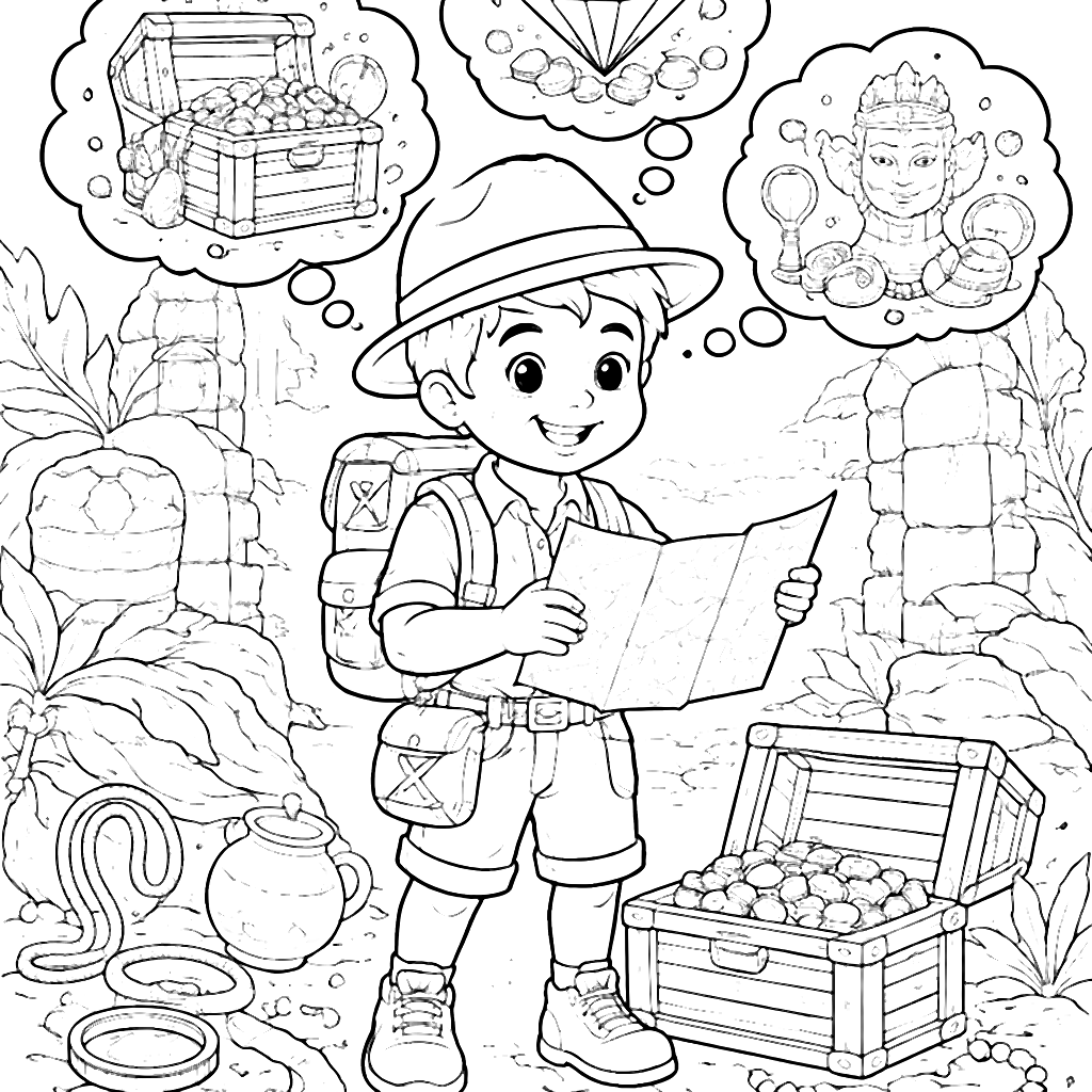Epic Treasure Hunter Coloring Page for Boys