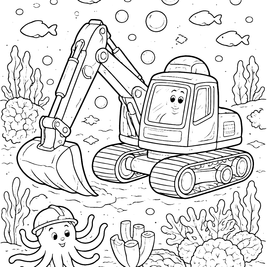 Excavator Underwater Coloring Page with Friendly Octopus