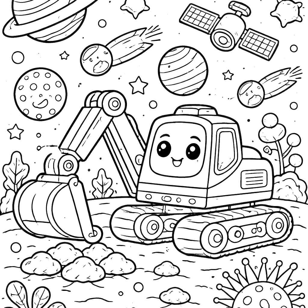 Excavator in Space Coloring Page for Kids