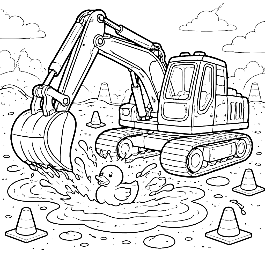 Excavator Splashing in Colorful Puddles - Printable Coloring Page