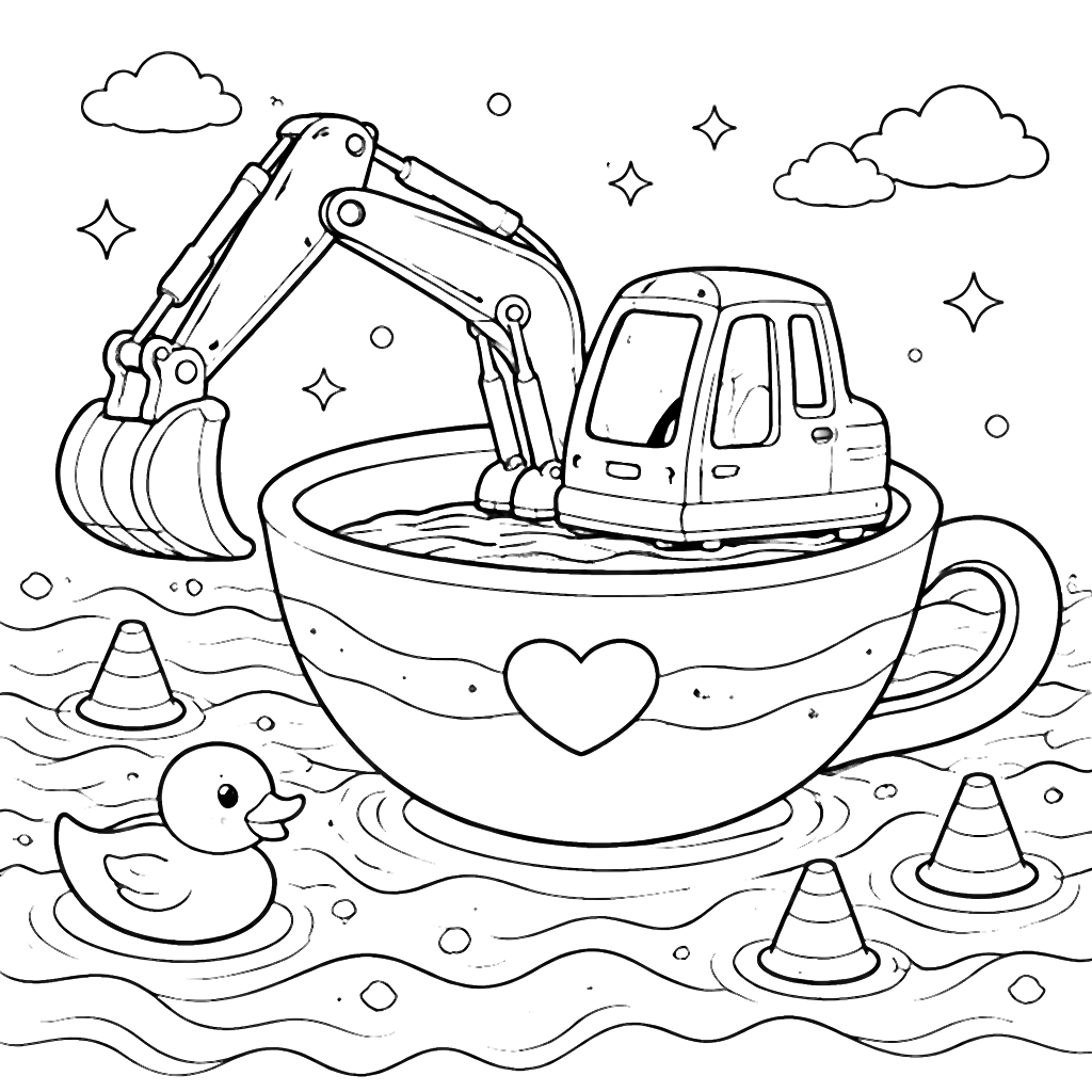 Excavator in a Giant Teacup Coloring Page