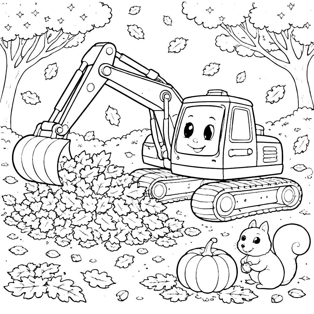 Excavator Playing in Autumn Leaves Coloring Page