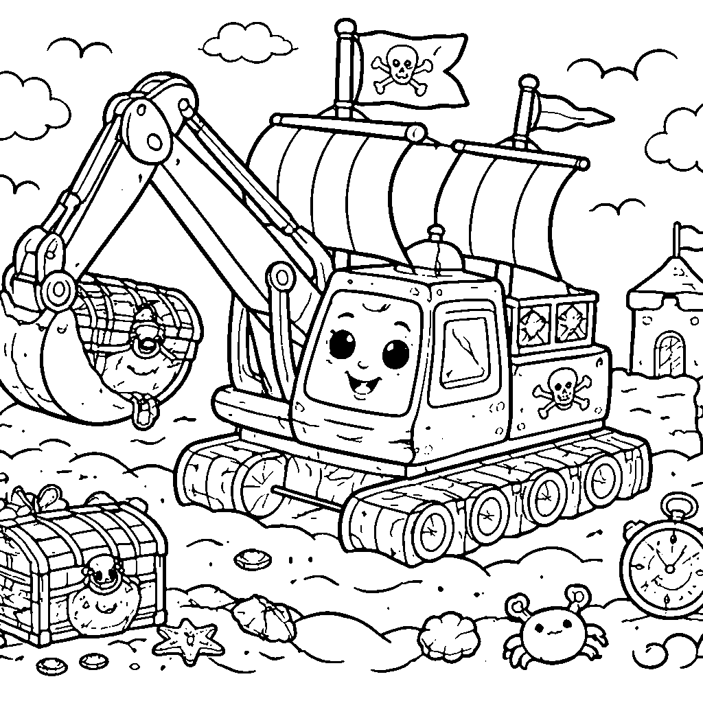 Excavator Pirate Ship Coloring Page