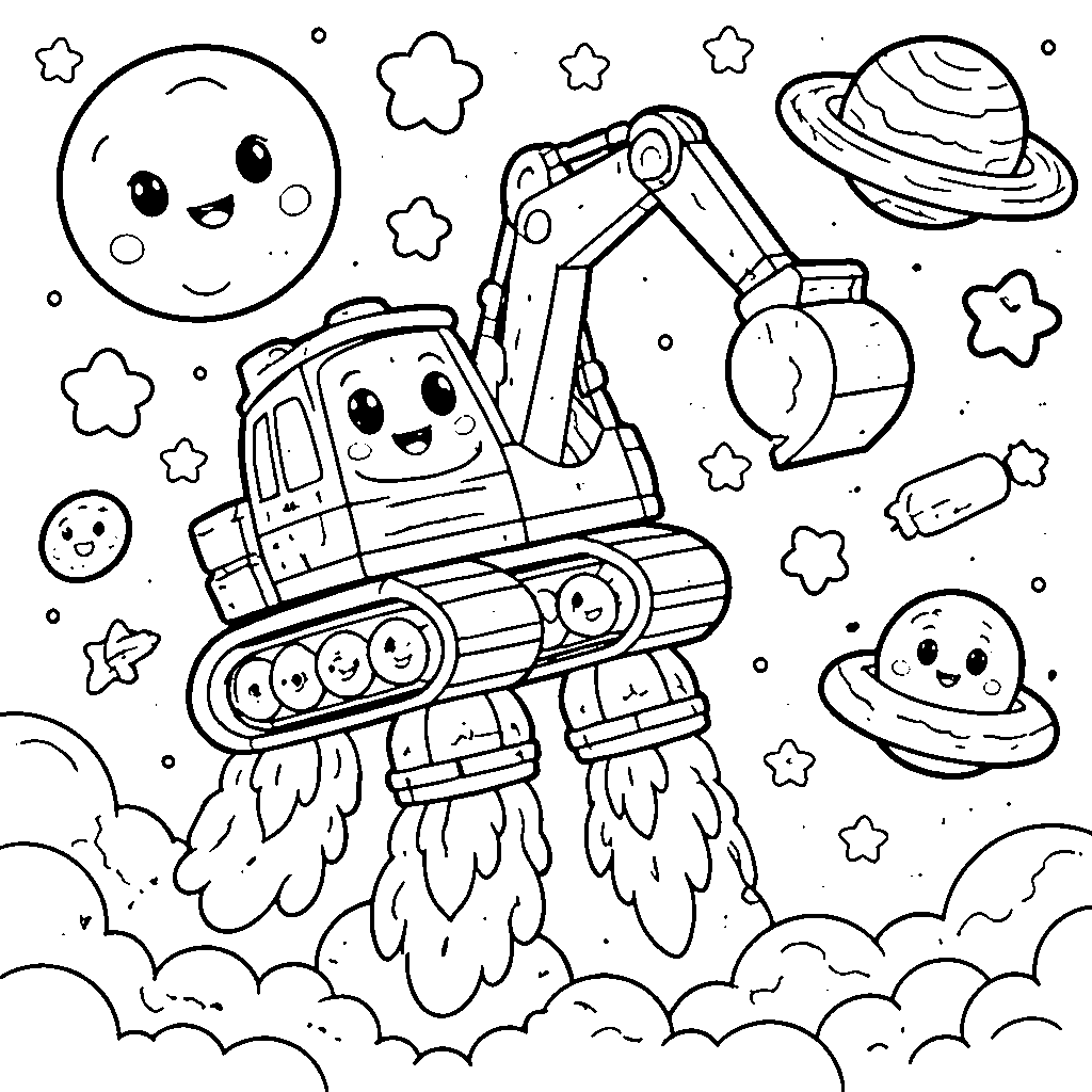 Excavator Rocket Coloring Page for Kids