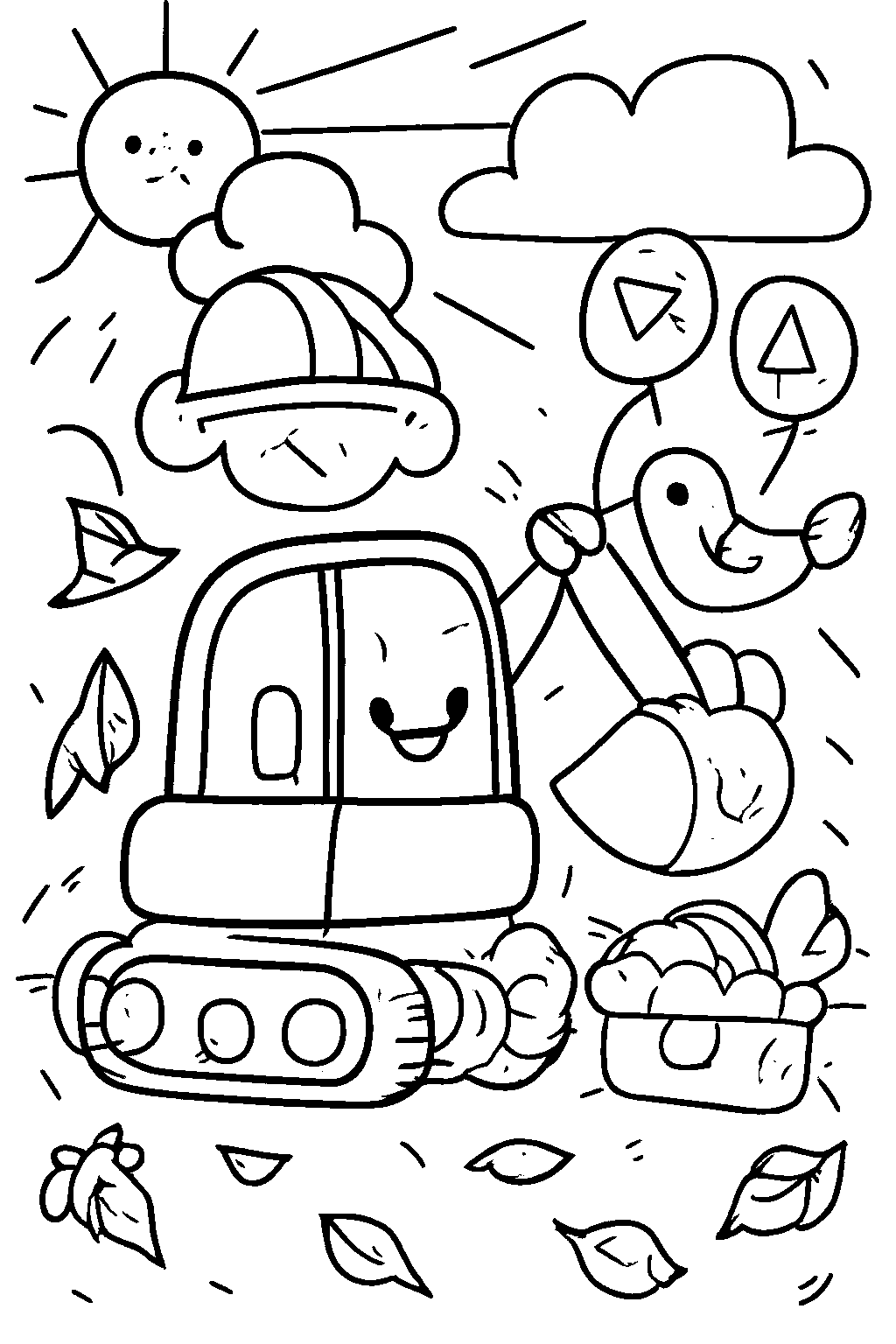 Excavator and Cloud Friend Coloring Page for Kids