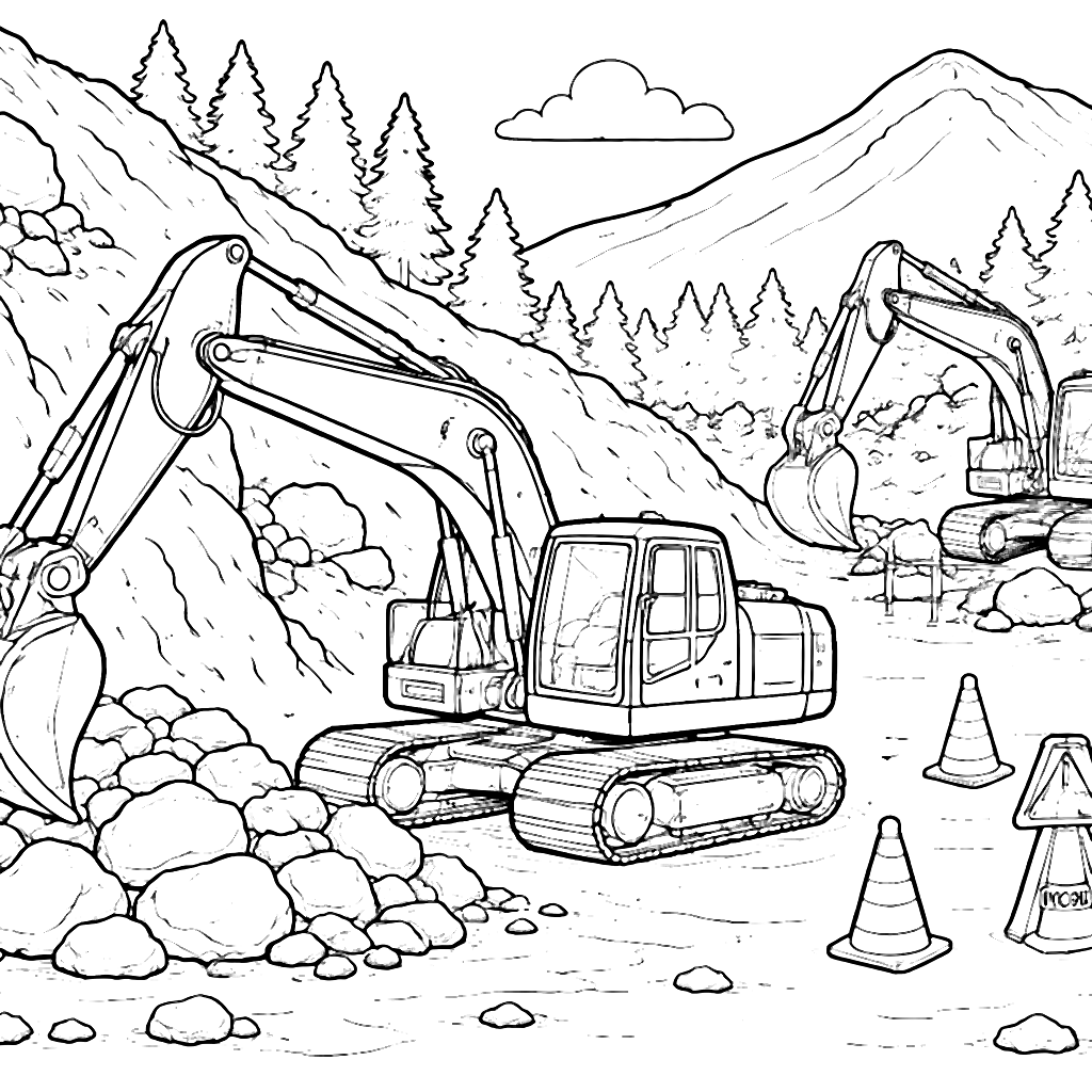Excavators Teamwork Coloring Page for Kids