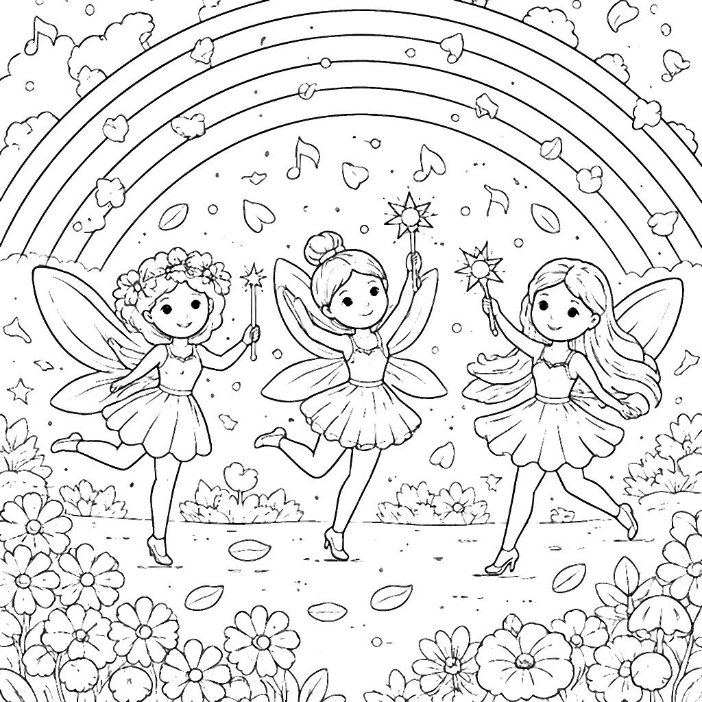 Enchanting Fairies Dancing Under a Rainbow Coloring Page
