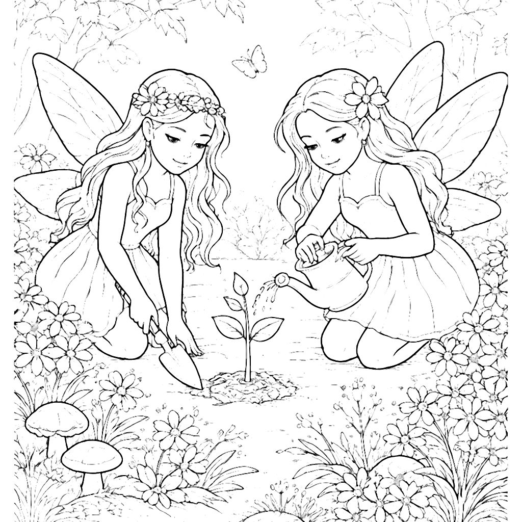 Enchanting Fairies Nurturing a Sapling Coloring Page