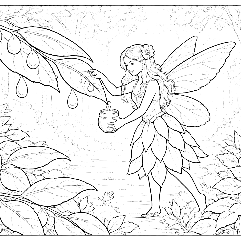 Enchanting Fairy Collecting Dew Drops Coloring Page