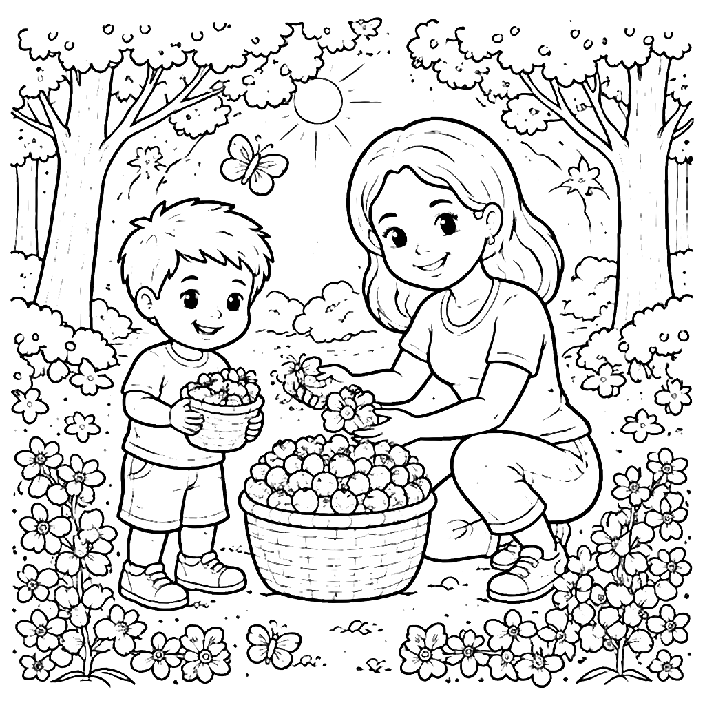Family Bonding in the Forest: Berry Gathering Coloring Page