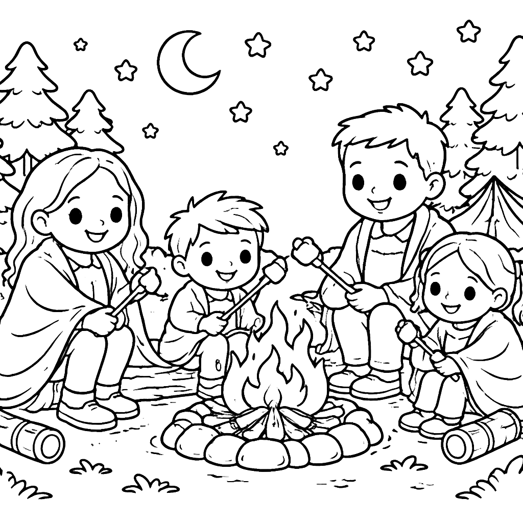 Family Gathering Around a Campfire Coloring Page