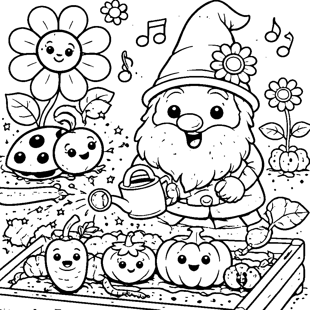 Whimsical Fantastical Garden Gnome Coloring Page