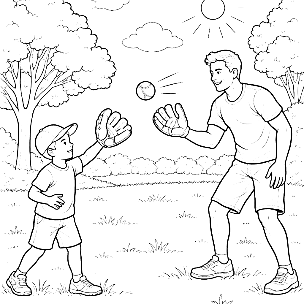Father's Day Coloring Page: Play Catch in the Park