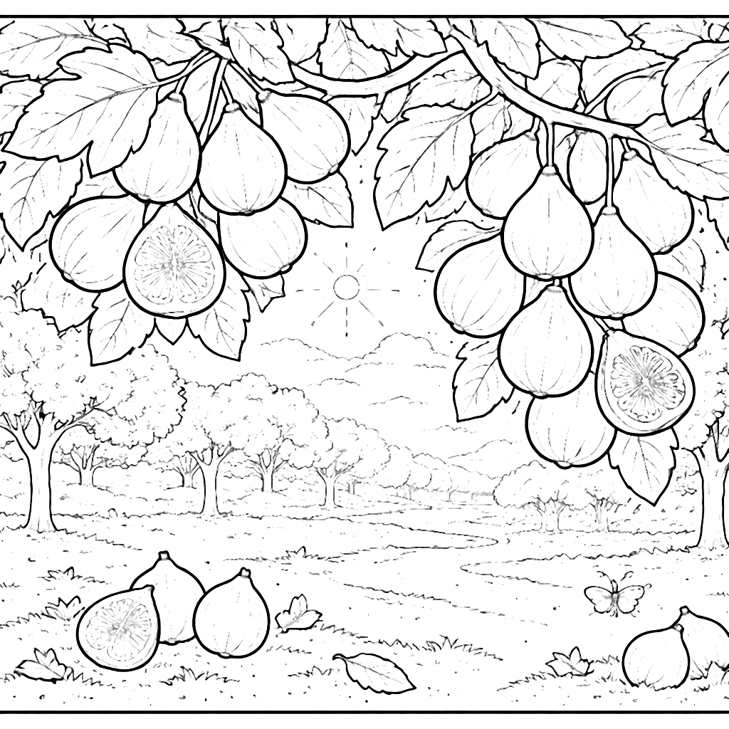 Coloring Page of Sunlit Fig Orchard with Clusters