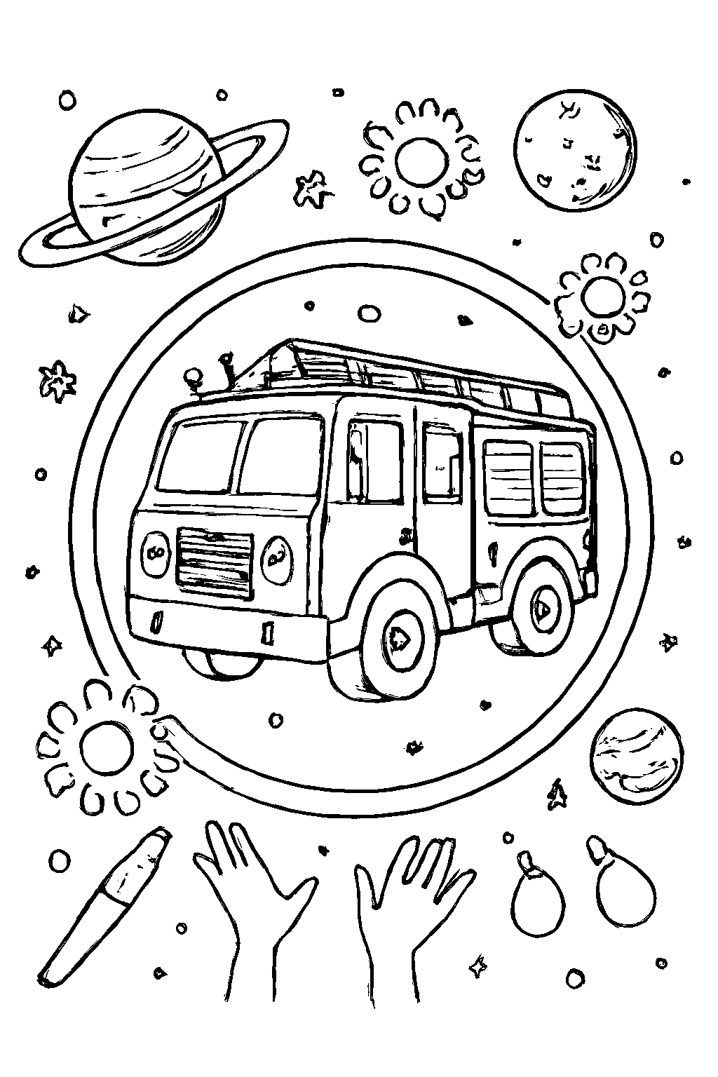 Whimsical Fire Truck Inside a Colorful Clock Coloring Page