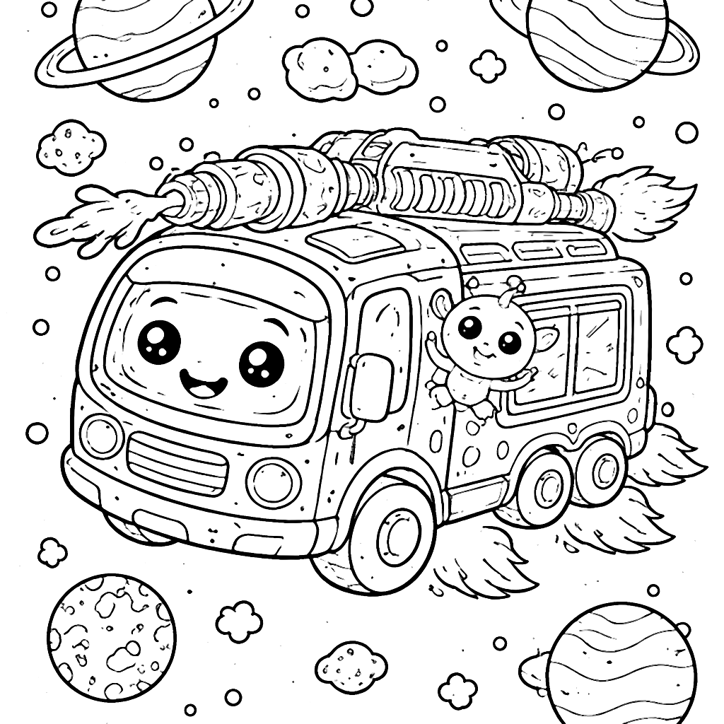Colorful Fire Truck Adventure in Space - Printable Page