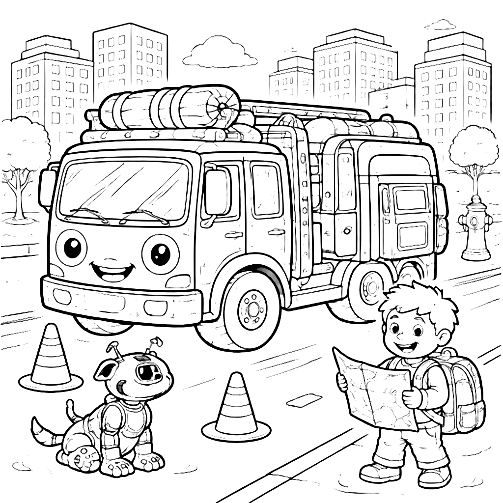 Exciting Fire Truck Coloring Page with a Quirky Twist