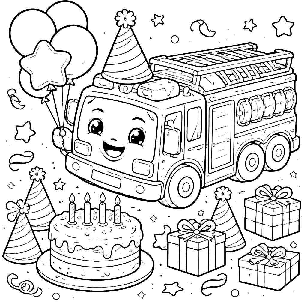Coloring Page of a Cheerful Fire Truck at a Party