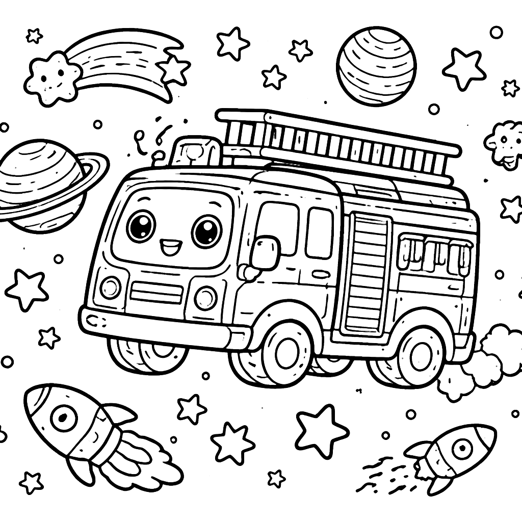 Coloring Page of a Fire Truck Floating in Space