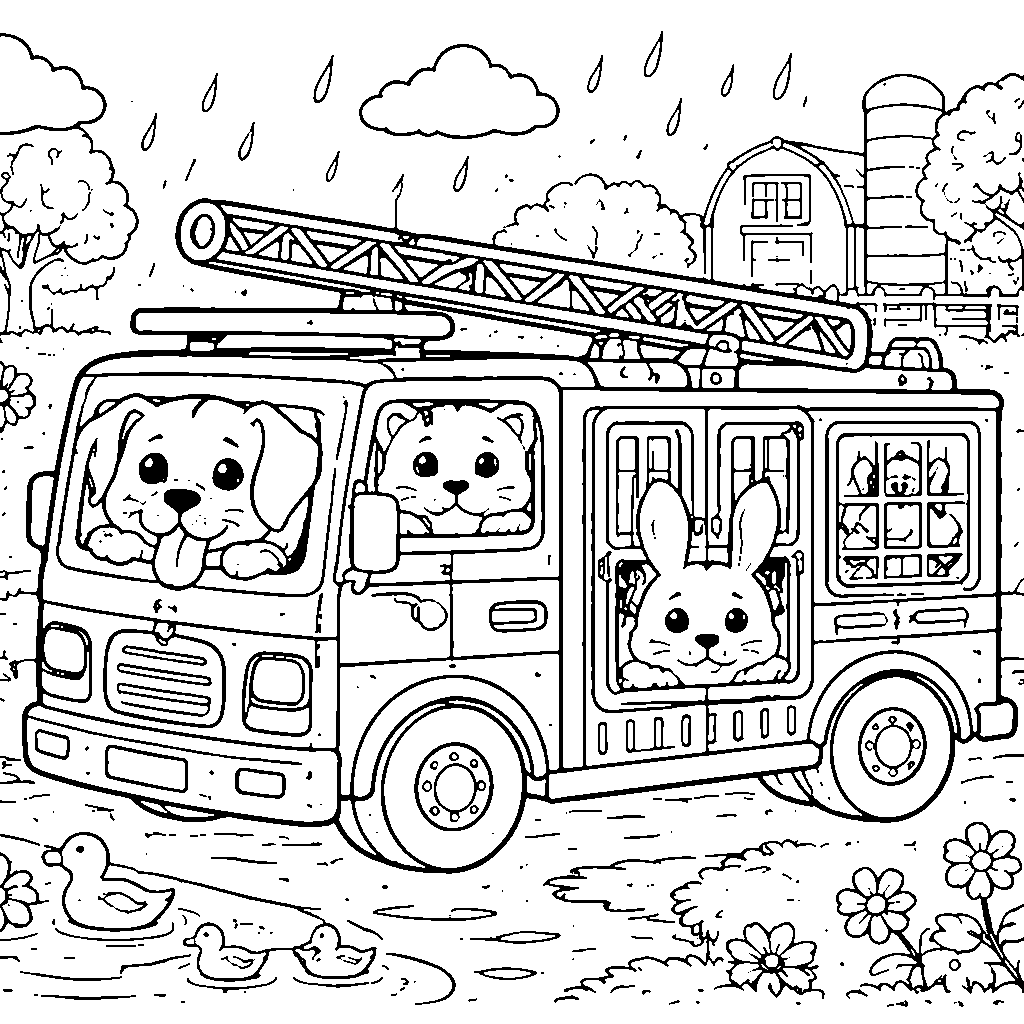 Fire Truck Animal Rescue Coloring Page