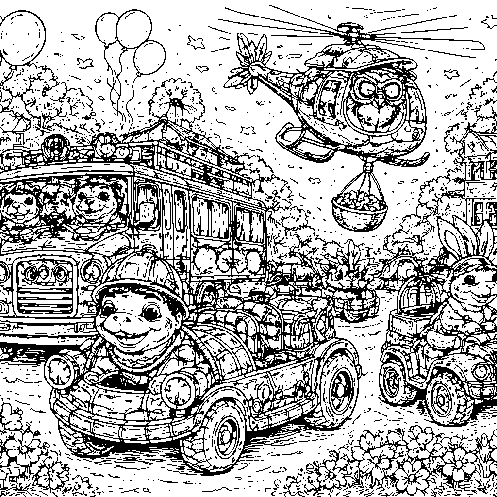 Fire Truck Parade with Animal Firefighters Coloring Page
