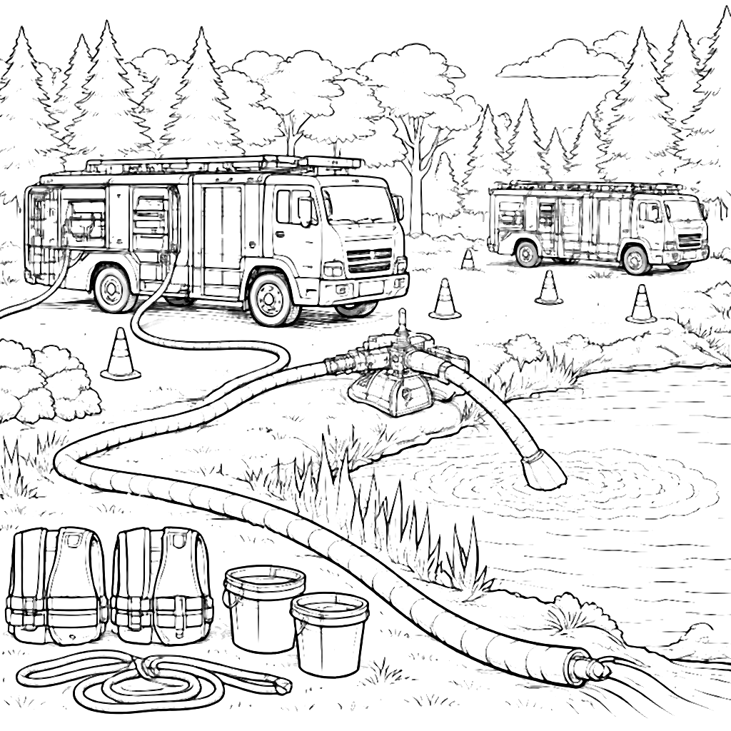Fire Truck Training Exercise Coloring Page for Kids