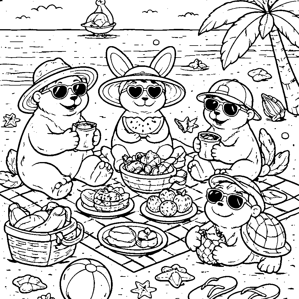 Friendly Beach Animals Having a Picnic