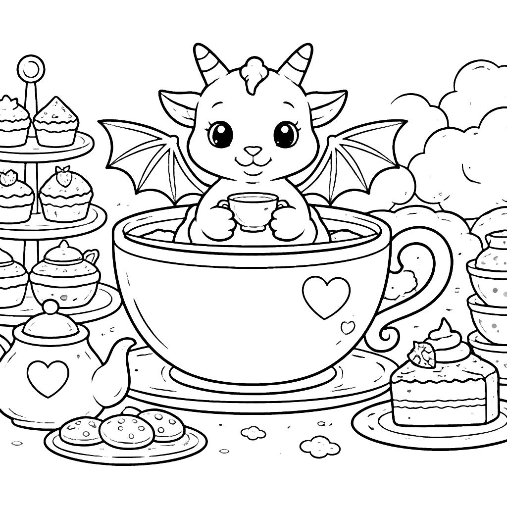 Coloring Page of a Friendly Dragon in a Teacup