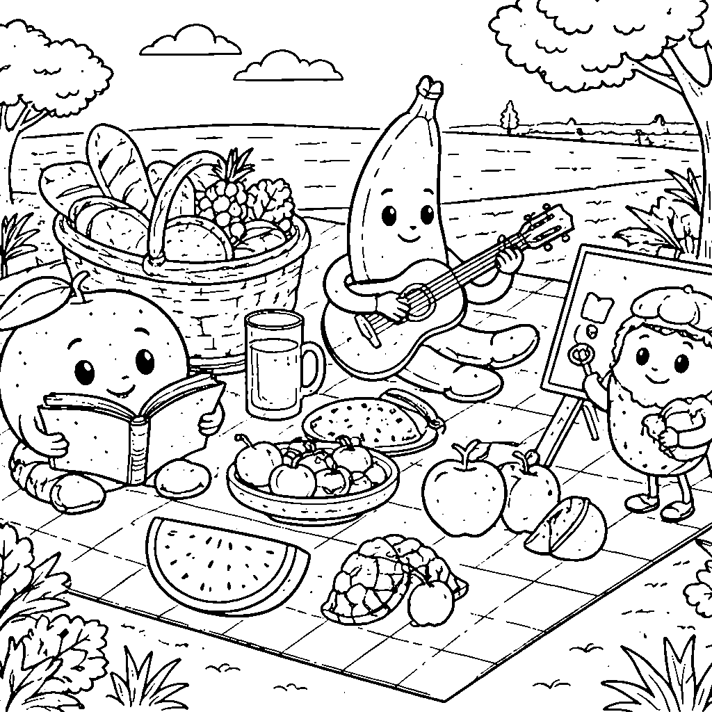 Friendly Fruit Friends Picnic Coloring Page